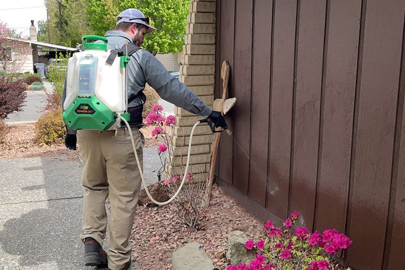 A Senske technician applies a pest control treatment in Mukilteo,  WA.