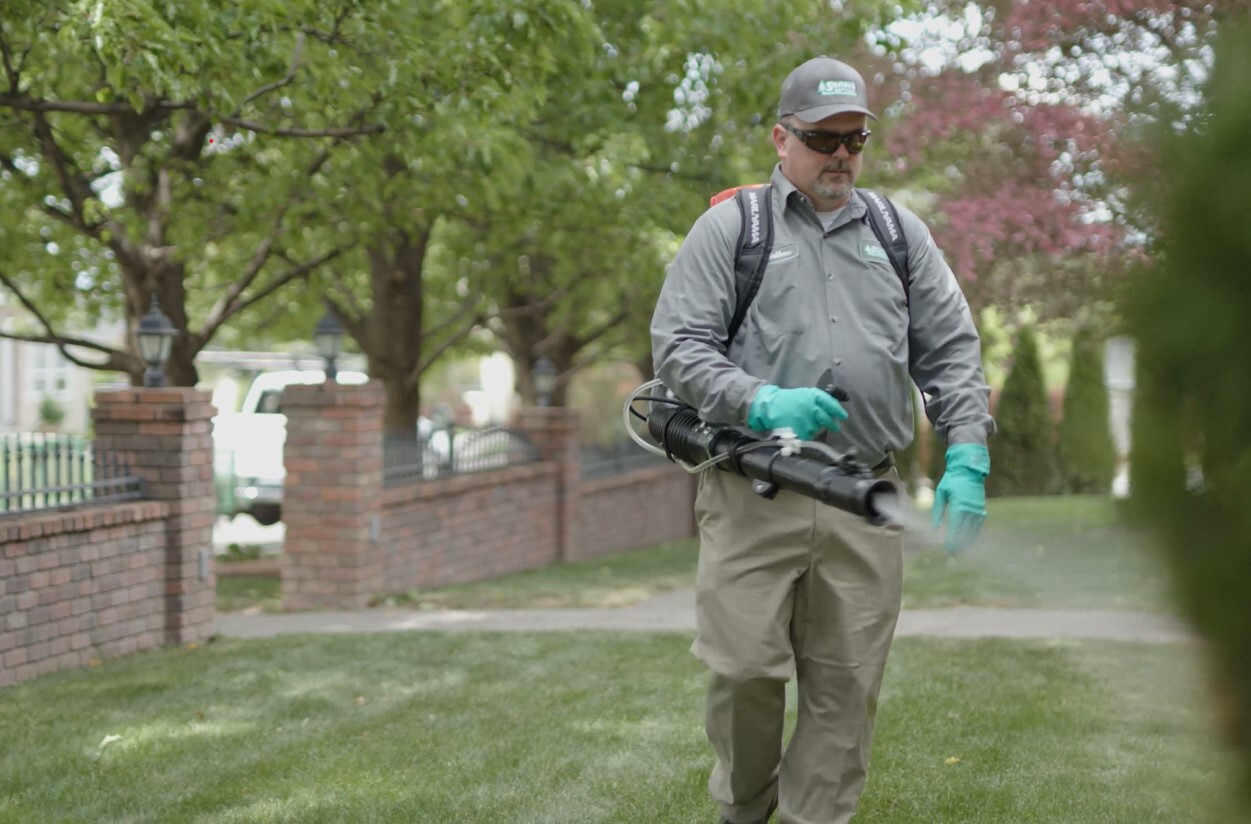 A Senske technician applies a pest control treatment in Ogden, UT.