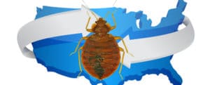 Bed bug on map of USA. Bed bugs live all around the US. Call Senske pest control to get rid of bed bugs.