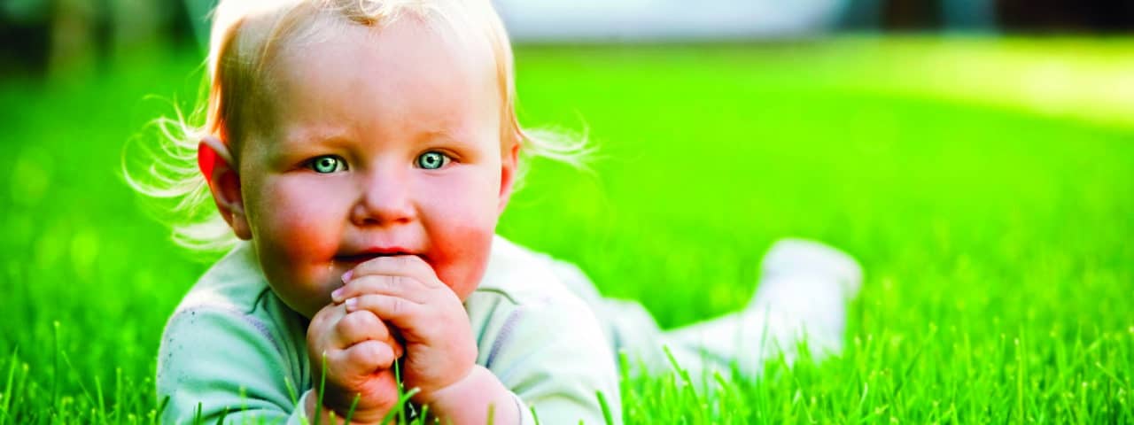 Baby plays on grass and looks at camera in salt lake city, utah thanks to Senske Salt Lake City Lawn Care service..